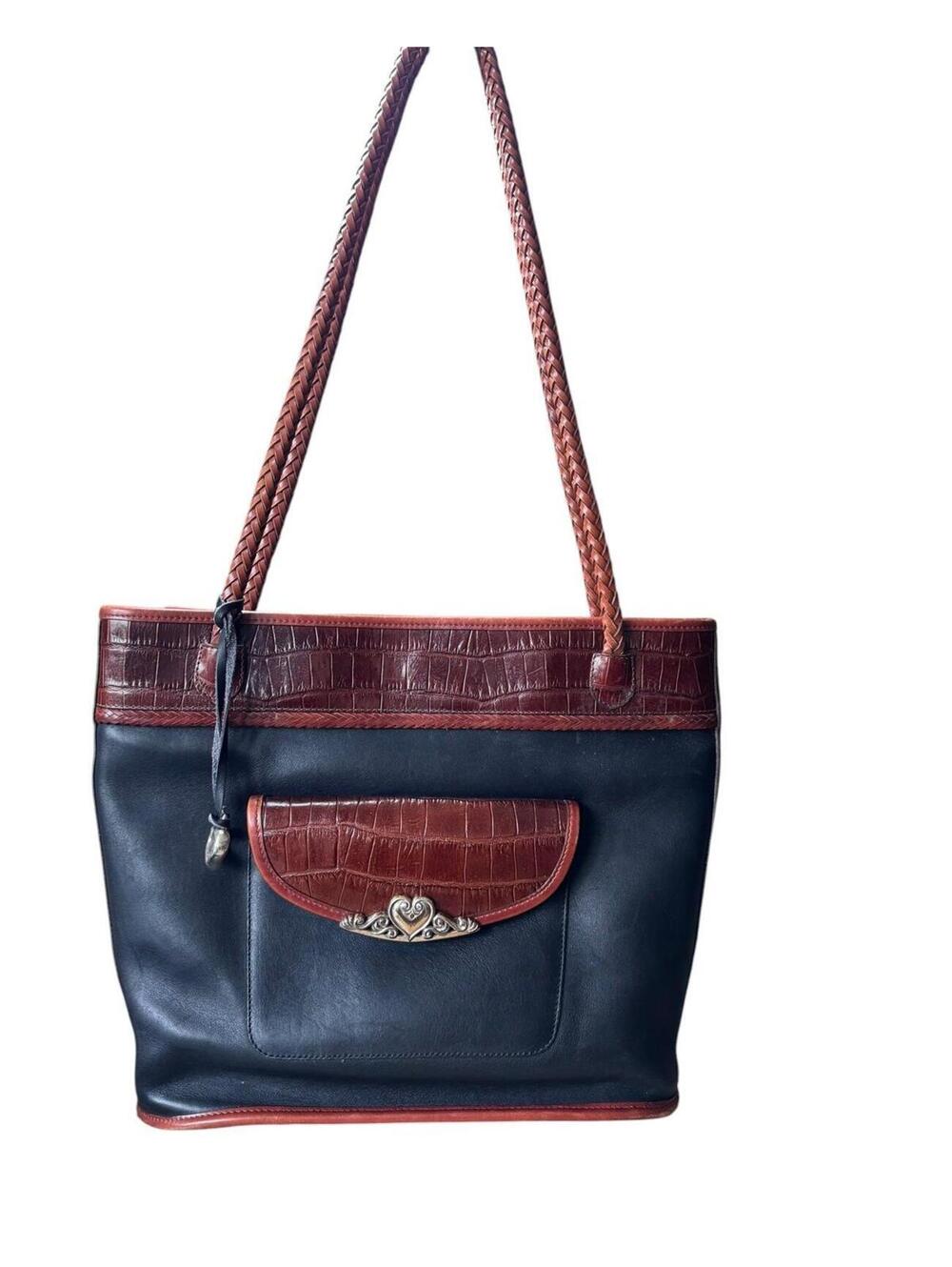 Brighton Black and Brown Leather Tote with Braided Straps
